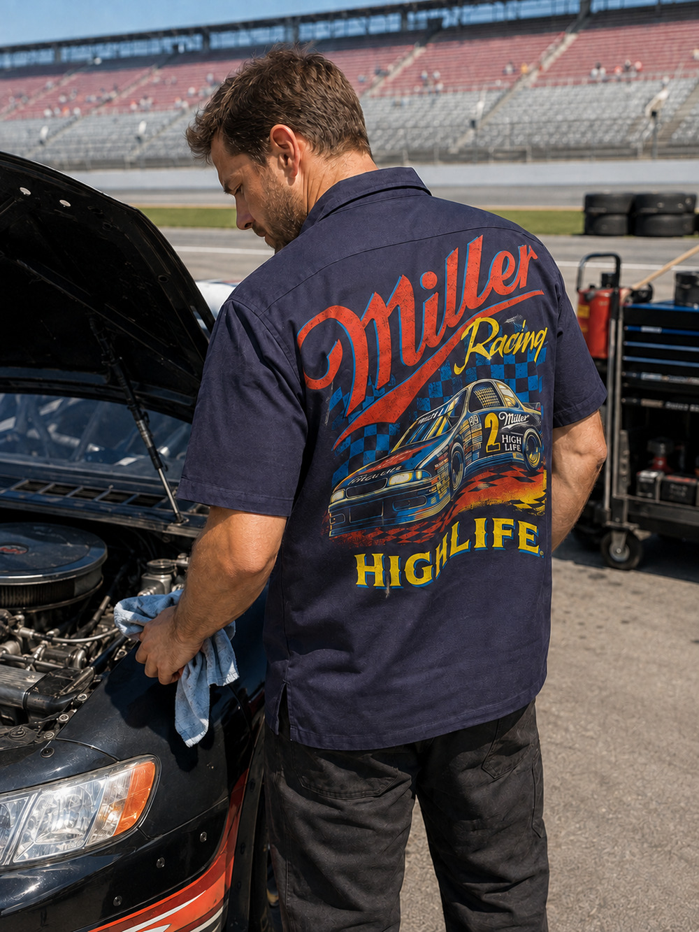 Miller High Life Racing Shirt Men’s Large Navy Mechanic Work Shirt Stock Car